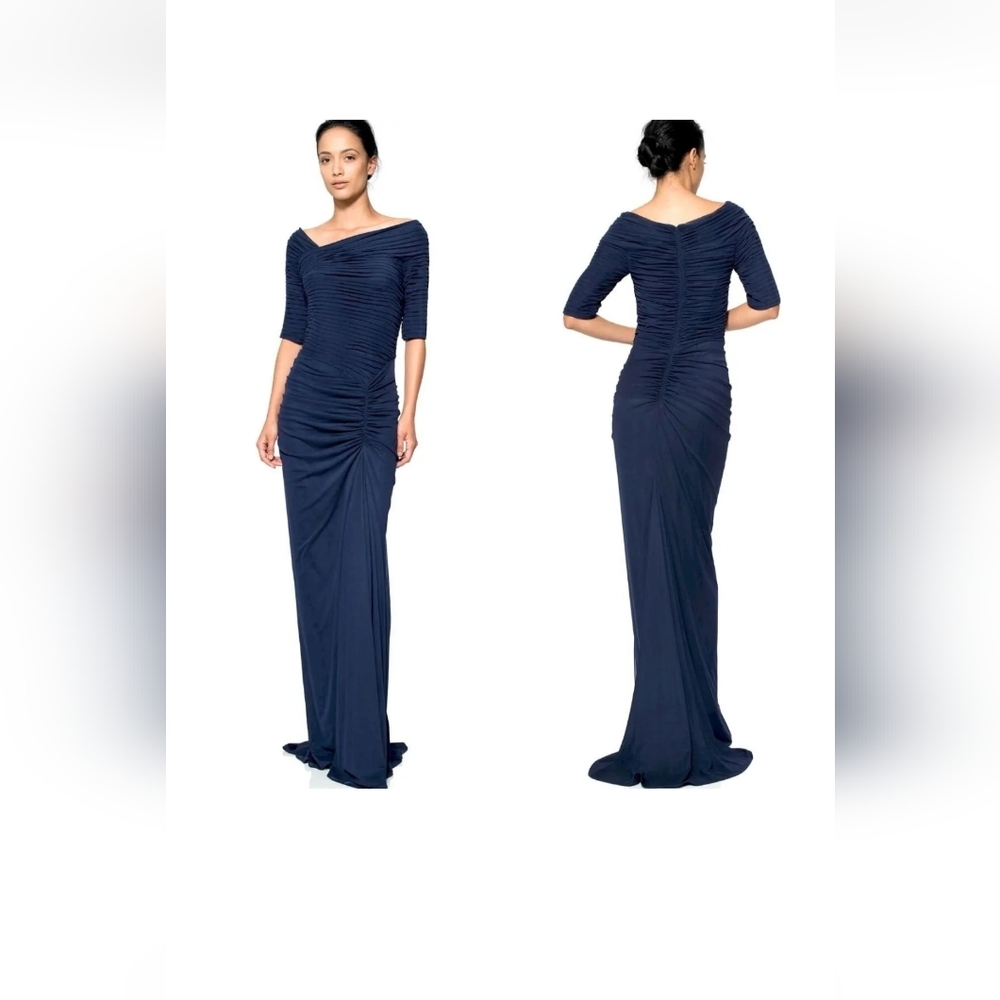 Tadashi Shoji Navy Off-Shoulder Ruched Maxi Gown